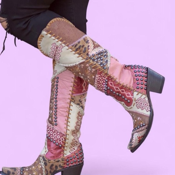 Double D Ranch Shoes - Patchwork Studded Knee-High Boots - Pink Brown